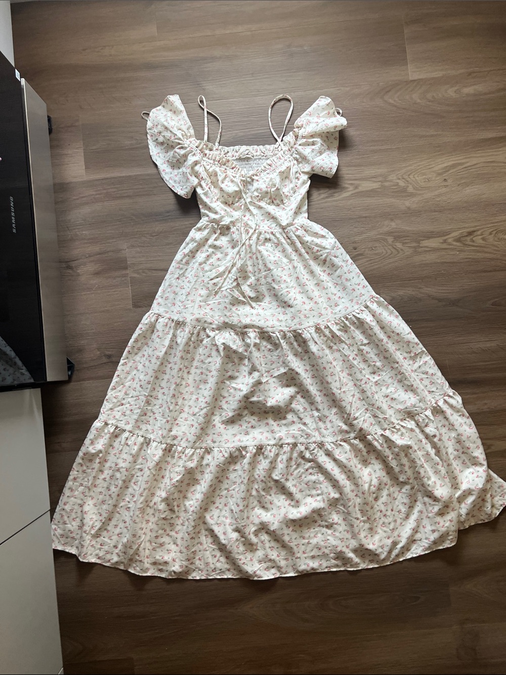 Urban Outfitters Cream Floral Tiered Maxi Dress with Pink Print